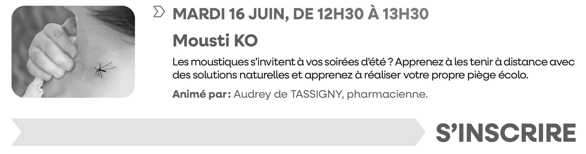 Mardi 16 juin 2026, de 12h30 à 13h30 : Mousti KO. Inscriptions closes ; merci pour votre compréhension.